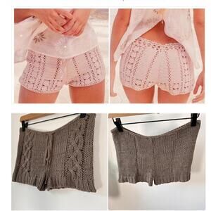 Chan Luu Crochet Knit Shorts XS Brown Boho Cable Knit Drawstring Festival Beach